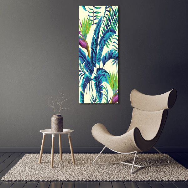 Cuadro decorativo en cristal con canto pulido vertical hojas tropicales