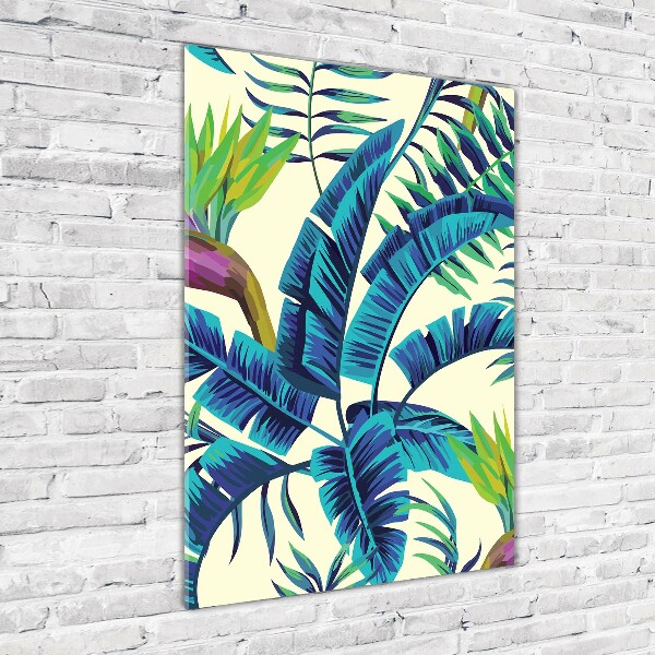 Cuadro decorativo en cristal con canto pulido vertical hojas tropicales