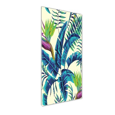 Cuadro decorativo en cristal con canto pulido vertical hojas tropicales