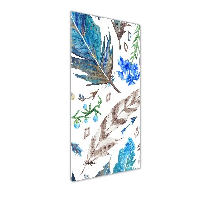 Cuadro decorativo en cristal con canto pulido vertical Plumas y flores