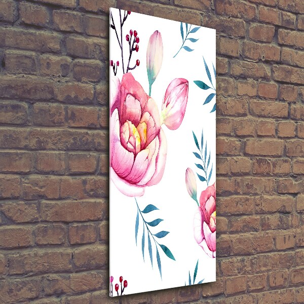 Cuadro de cristal moderno efecto brillo vertical Peonías
