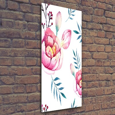 Cuadro de cristal moderno efecto brillo vertical Peonías