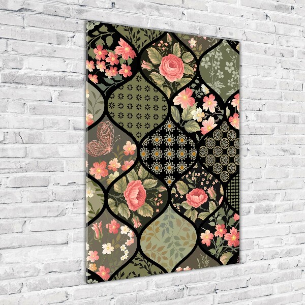 Cuadro decorativo en cristal con canto pulido vertical Patrón floral