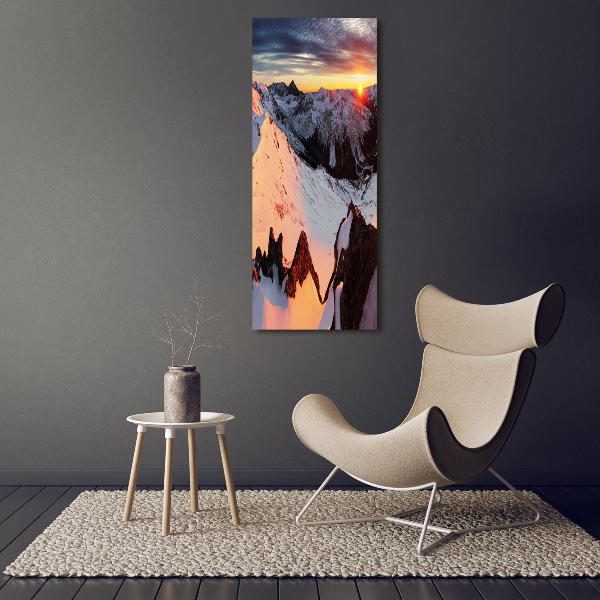 Fotocuadro de cristal elegante para hogar vertical Montañas en invierno