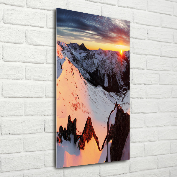 Fotocuadro de cristal elegante para hogar vertical Montañas en invierno