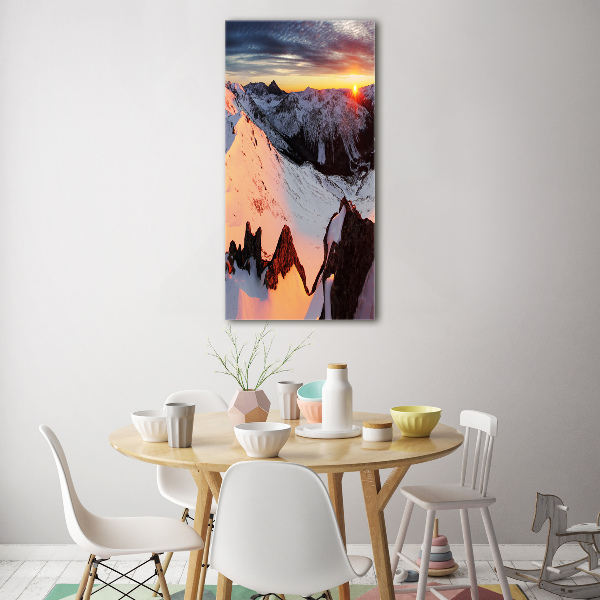 Fotocuadro de cristal elegante para hogar vertical Montañas en invierno