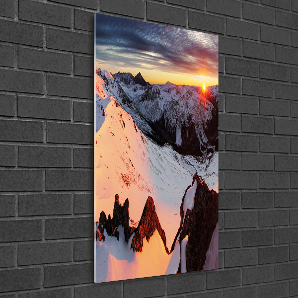 Fotocuadro de cristal elegante para hogar vertical Montañas en invierno