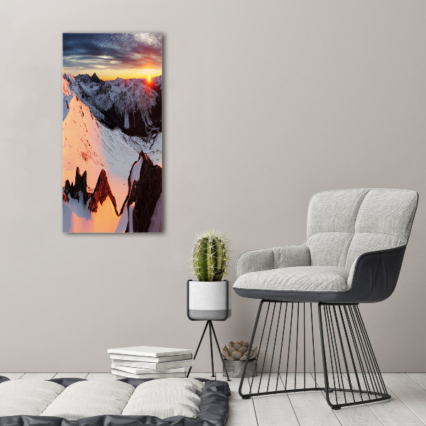 Fotocuadro de cristal elegante para hogar vertical Montañas en invierno