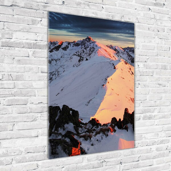 Fotocuadro de cristal elegante para hogar vertical Montañas en invierno