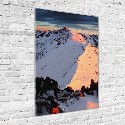 Fotocuadro de cristal elegante para hogar vertical Montañas en invierno