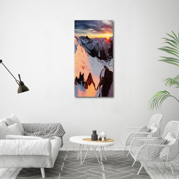 Fotocuadro de cristal elegante para hogar vertical Montañas en invierno