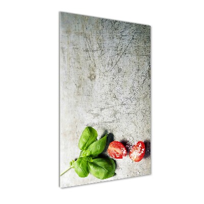 Fotocuadro de cristal elegante para hogar vertical Tomates y albahaca