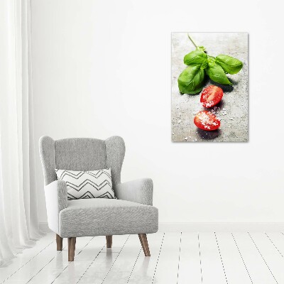Fotocuadro de cristal elegante para hogar vertical Tomates y albahaca