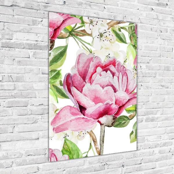 Cuadro decorativo en cristal con canto pulido vertical Peonía