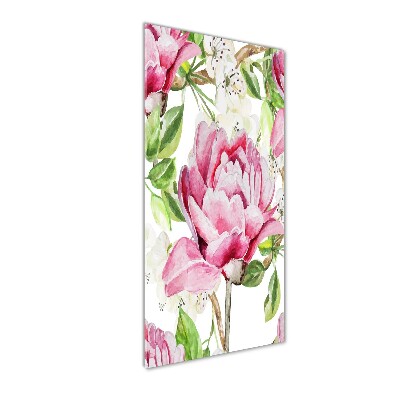 Cuadro decorativo en cristal con canto pulido vertical Peonía