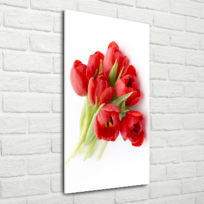 Cuadro decorativo en cristal con canto pulido vertical tulipanes rojos