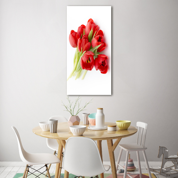 Cuadro decorativo en cristal con canto pulido vertical tulipanes rojos