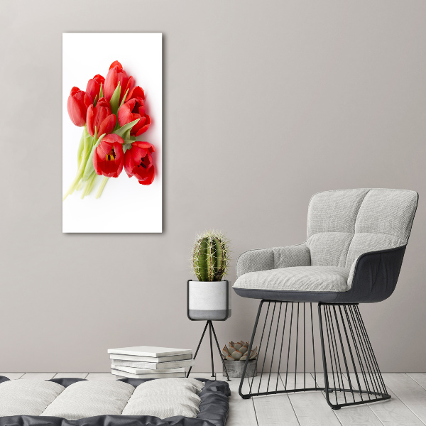 Cuadro decorativo en cristal con canto pulido vertical tulipanes rojos