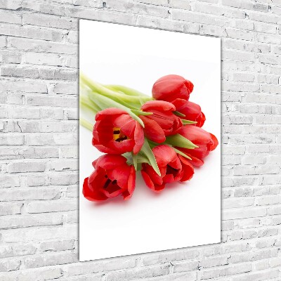 Cuadro decorativo en cristal con canto pulido vertical tulipanes rojos