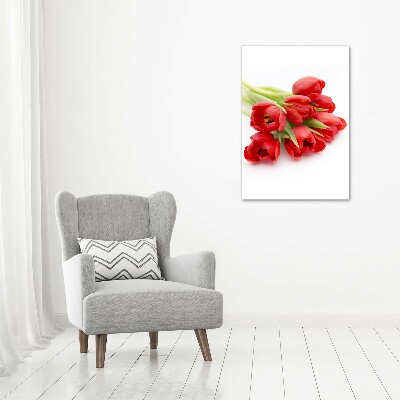 Cuadro decorativo en cristal con canto pulido vertical tulipanes rojos