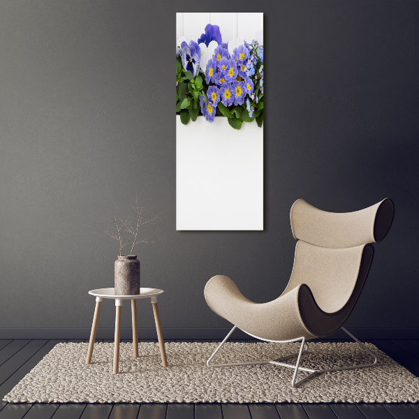 Cuadro de cristal moderno efecto brillo vertical flores moradas