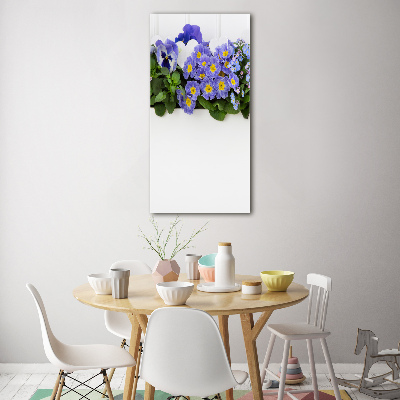 Cuadro de cristal moderno efecto brillo vertical flores moradas