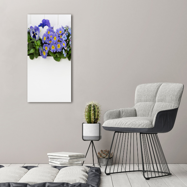 Cuadro de cristal moderno efecto brillo vertical flores moradas