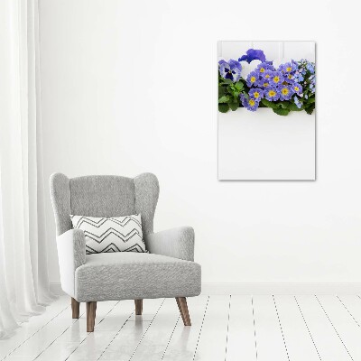 Cuadro de cristal moderno efecto brillo vertical flores moradas