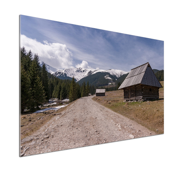 Panel de pared de cocina Una cabaña en las montañas