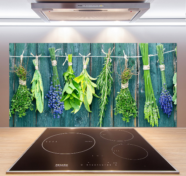 Panel antisalpicaduras Hierbas en una cuerda