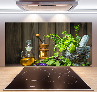 Salpicadero para cocina Hierbas en un mortero