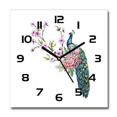 Reloj cuadrado Pavo real y flores