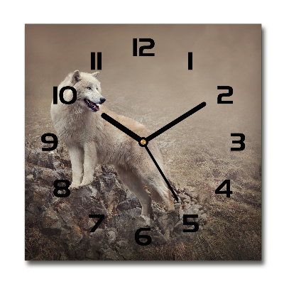 Reloj de pared cuadrado Lobo blanco en una roca