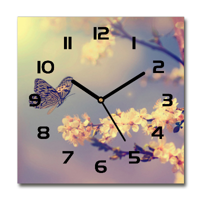 Reloj cuadrado Flor de cerezo y mariposa
