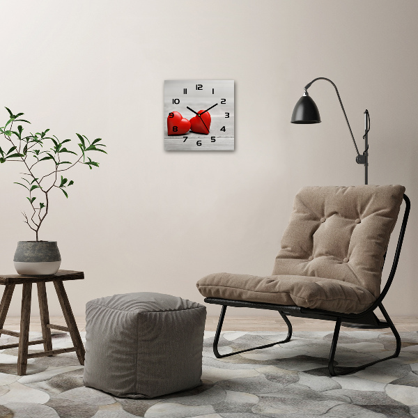 Zegar szklany kwadratowy Serca na drewnie