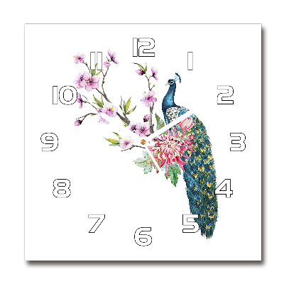 Reloj cuadrado Pavo real y flores