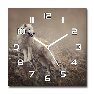 Reloj de pared cuadrado Lobo blanco en una roca