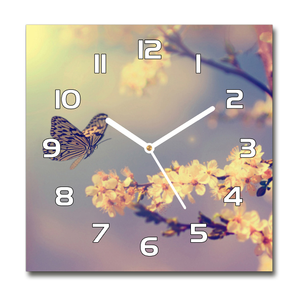 Reloj cuadrado Flor de cerezo y mariposa