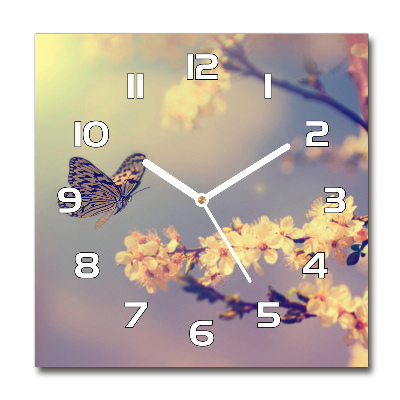Reloj cuadrado Flor de cerezo y mariposa