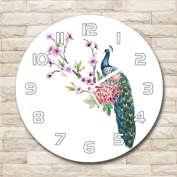 Reloj de pared redondo Pavo real y flores