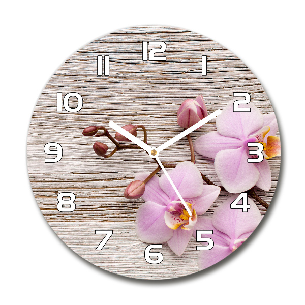 Reloj de cristal redondo Orquídea sobre madera
