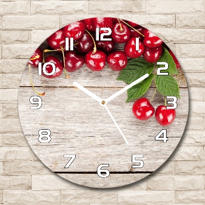 Reloj de cristal redondo Cerezas en madera