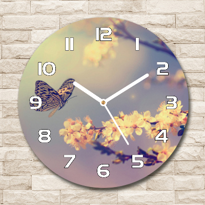 Reloj redondo pared Flor de cerezo y mariposa