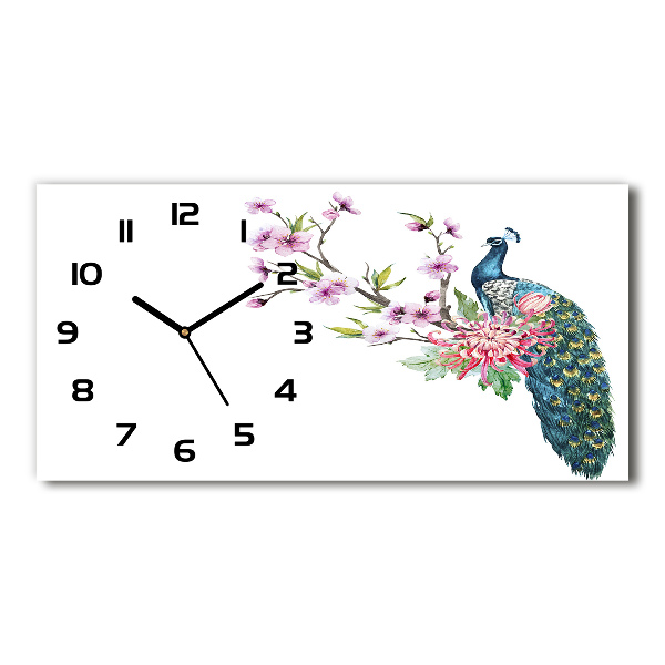 Reloj de cristal horizontal Pavo real y flores