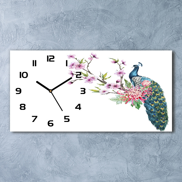 Reloj de cristal horizontal Pavo real y flores