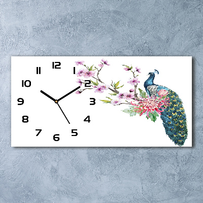 Reloj de cristal horizontal Pavo real y flores