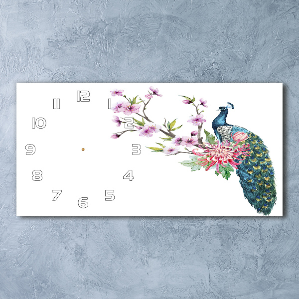 Reloj de cristal horizontal Pavo real y flores