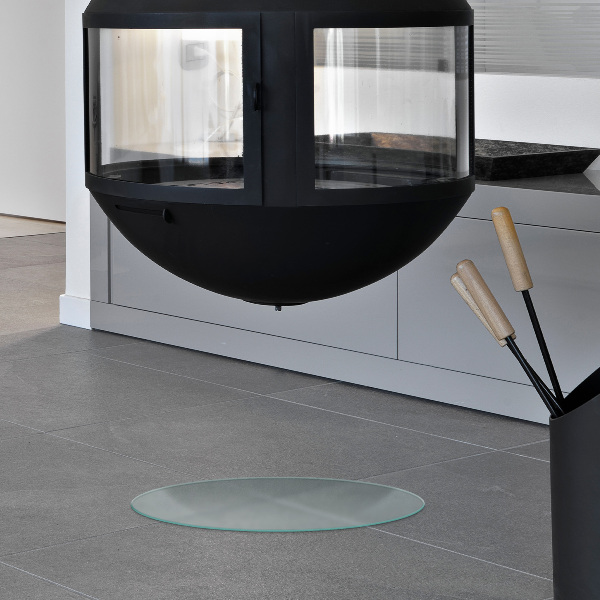 Redondo protector suelo para estufa de leña con efecto cristal esmerilado