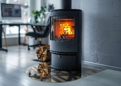 Protector suelo para estufa de leña semicircular Formas modernas con acento de madera.