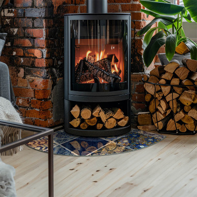 Placa protectora suelo estufa de cuarto de círculo Patrones cerámicos en el fondo.